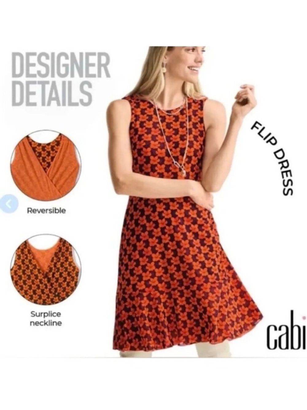 CAbi Orange and Black Floral Flip Dress